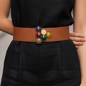 Vintage Italian Leather Belt Womens Brown Multi Color Cabochon‎ Buckle Italy